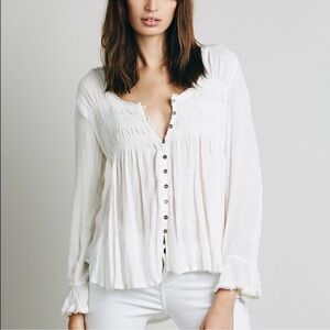 Free People Blue Bird Smocked Top Ivory Button lightweight Blouse XS Boho Hippie